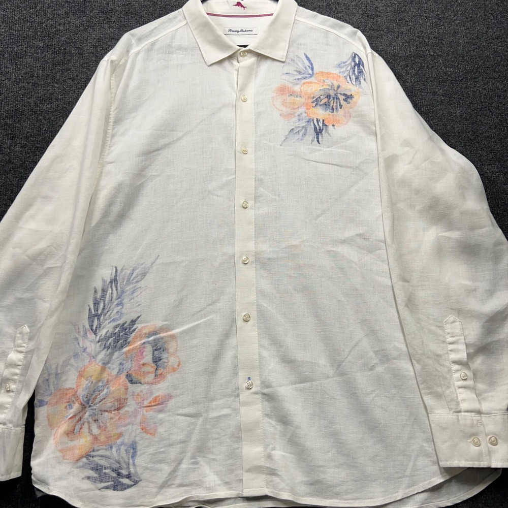 Tommy Bahama Mens XXL White Floral Linen Blend Button Down Shirt 2813